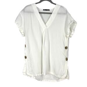 Zara White Cotton Linen V-Neck Tunic Blouse Small